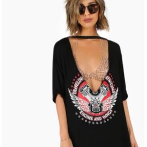 Plunge Choker Neck Graphic Tee Dress